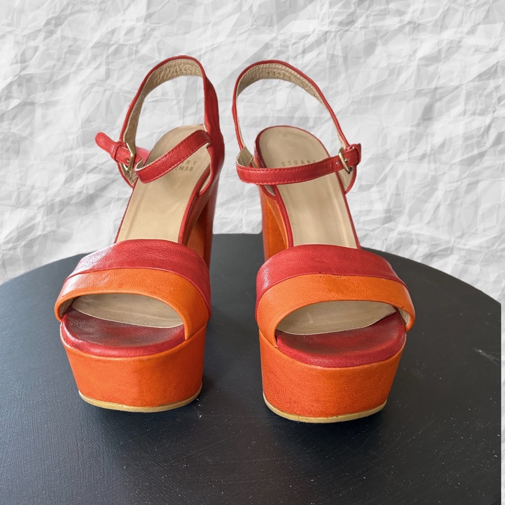 Stuart Weitzman platform sandals. Red/orange leather 5.5” heel 1.5” front.